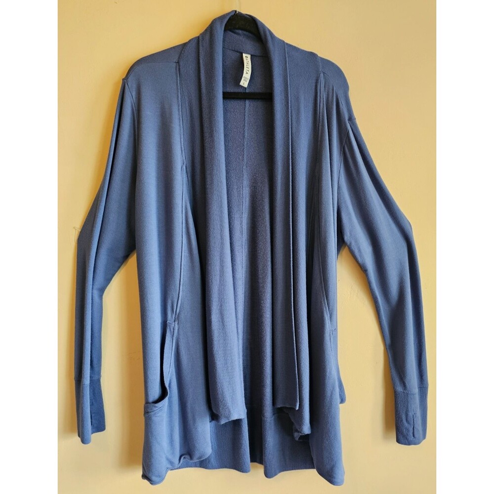 Athleta blue Cardigan Sweater, size Large, Thumbholes, casual